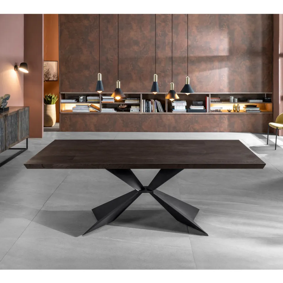 Masa fixa cu baza metalica si blat din stejar furniruit - bleumarin Viadurini