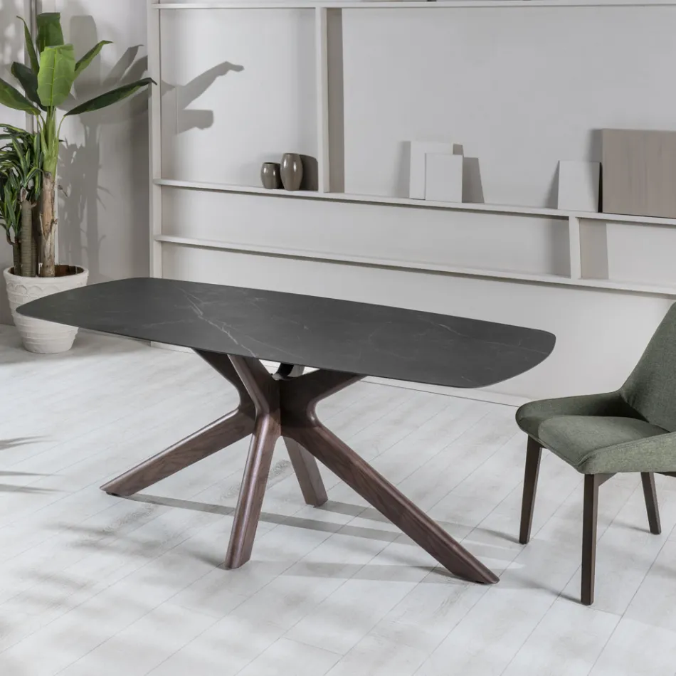 Masa fixa cu blat din ceramica si baza din lemn masiv de nuc - portocaliu Viadurini