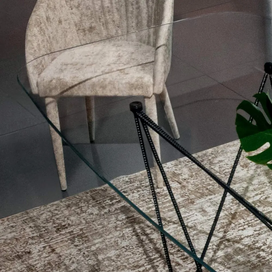 Masa fixa cu blat din sticla in forma de butoi si baza din otel Made in Italy - Ezzellino Viadurini