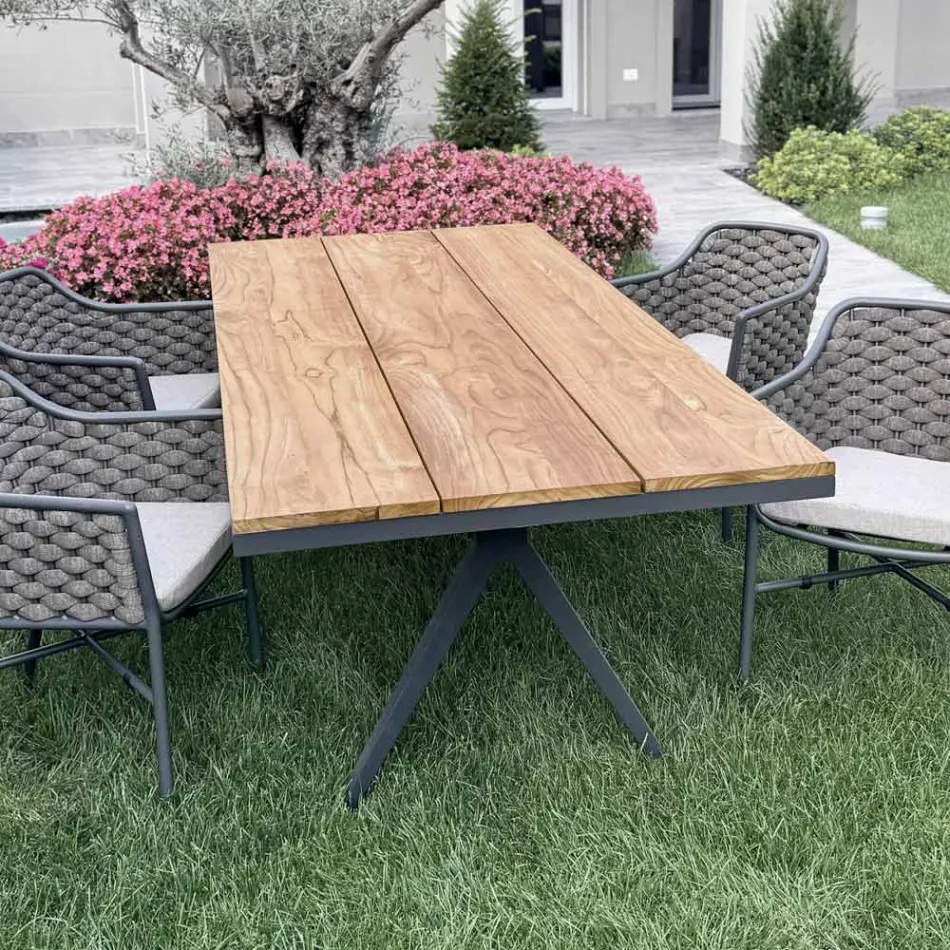 Masa Fixa Exterior 220x100 cm din Aluminiu si Teak Masi - Nara Viadurini