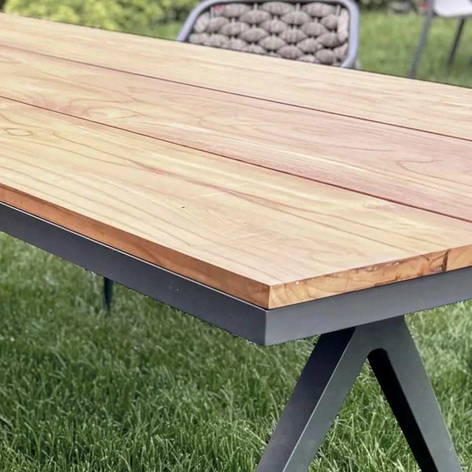 Masa Fixa Exterior 220x100 cm din Aluminiu si Teak Masi - Nara Viadurini