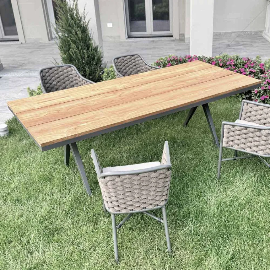 Masa Fixa Exterior 220x100 cm din Aluminiu si Teak Masi - Nara Viadurini