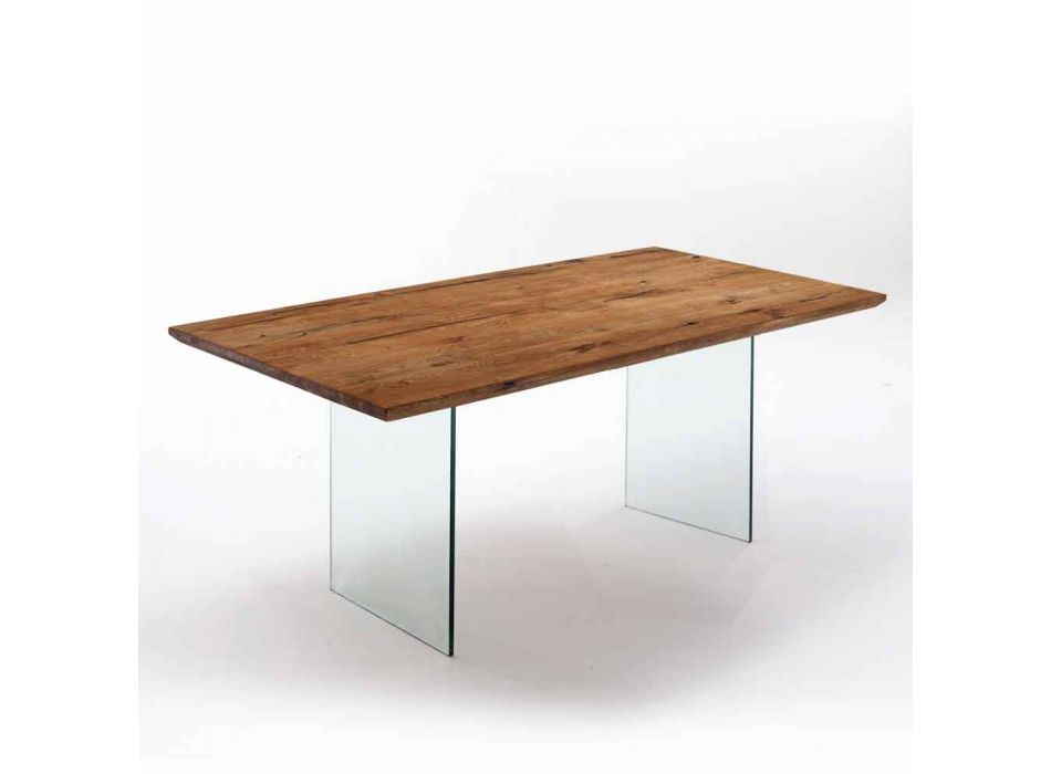 masă din lemn masiv dur cu picioare din sticlă călită Tito Viadurini