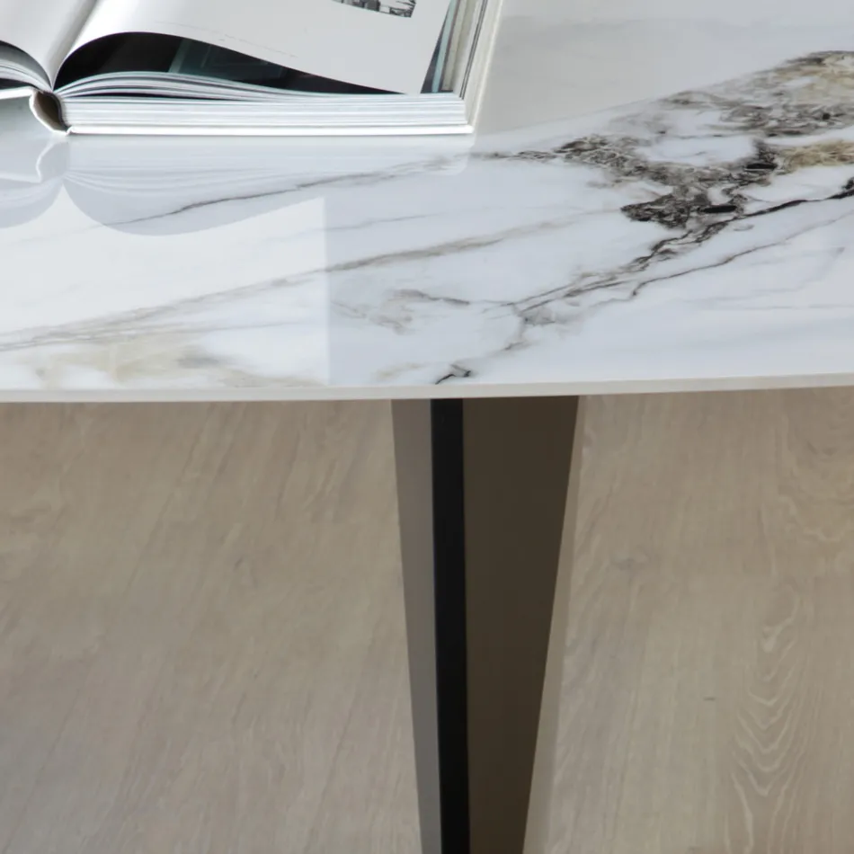 Masă fixă din metal și blat ceramic Arabesque lucios - Eronte Viadurini