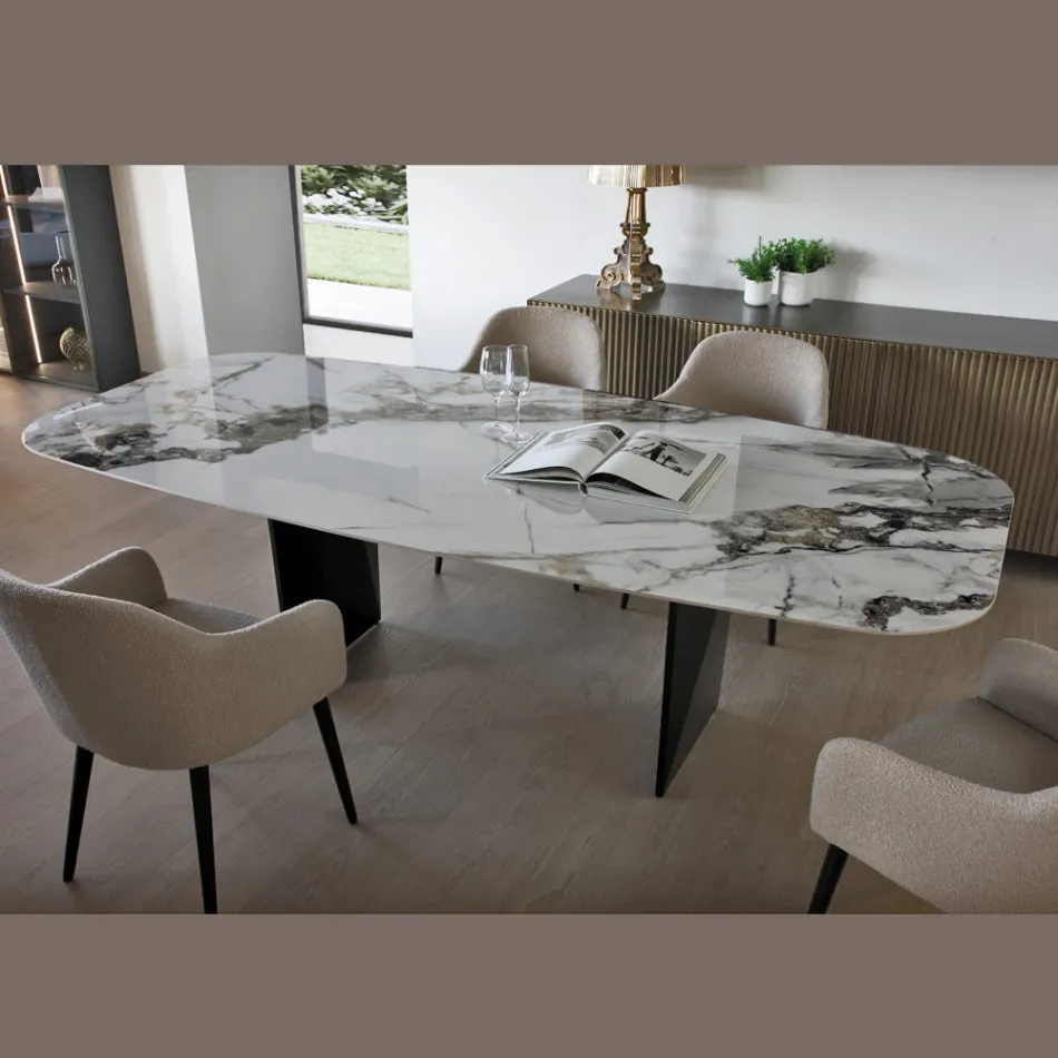 Masă fixă din metal și blat ceramic Arabesque lucios - Eronte Viadurini