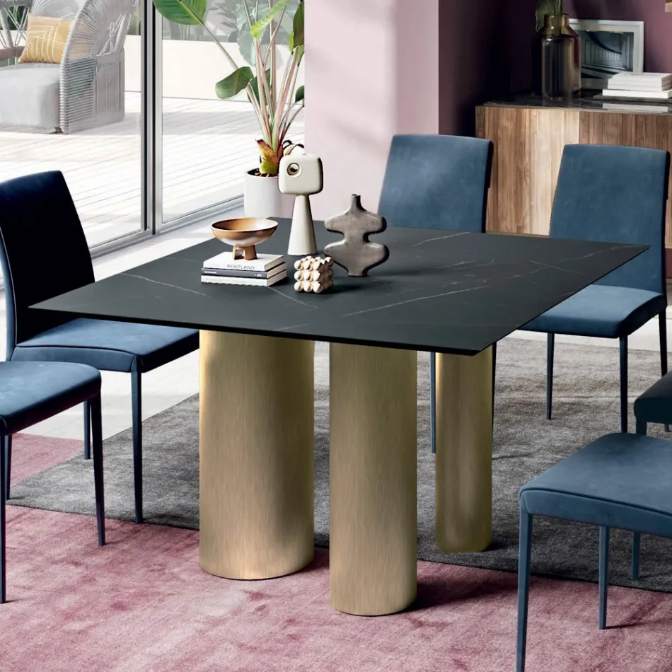 Masa Patrata Fixa din Laminat si Otel Made in Italy - Foarfece Viadurini