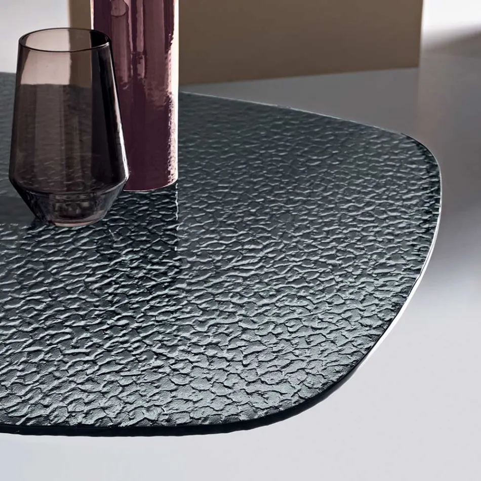 Masă ovală 180x100 cm din sticlă fumurie ciocănită și metal - Domus Viadurini