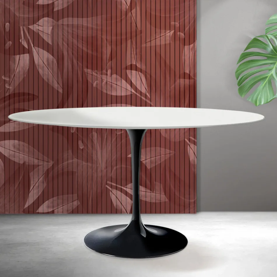 Masă ovală Tulip Saarinen, înălțime 74 cm, ceramică Florim alb mat - stacojiu Viadurini