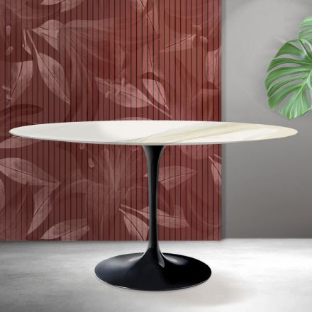 Masă ovală Tulip Saarinen H 74 cm din ceramică Florim Calacatta aurie mată - Scarlet Viadurini