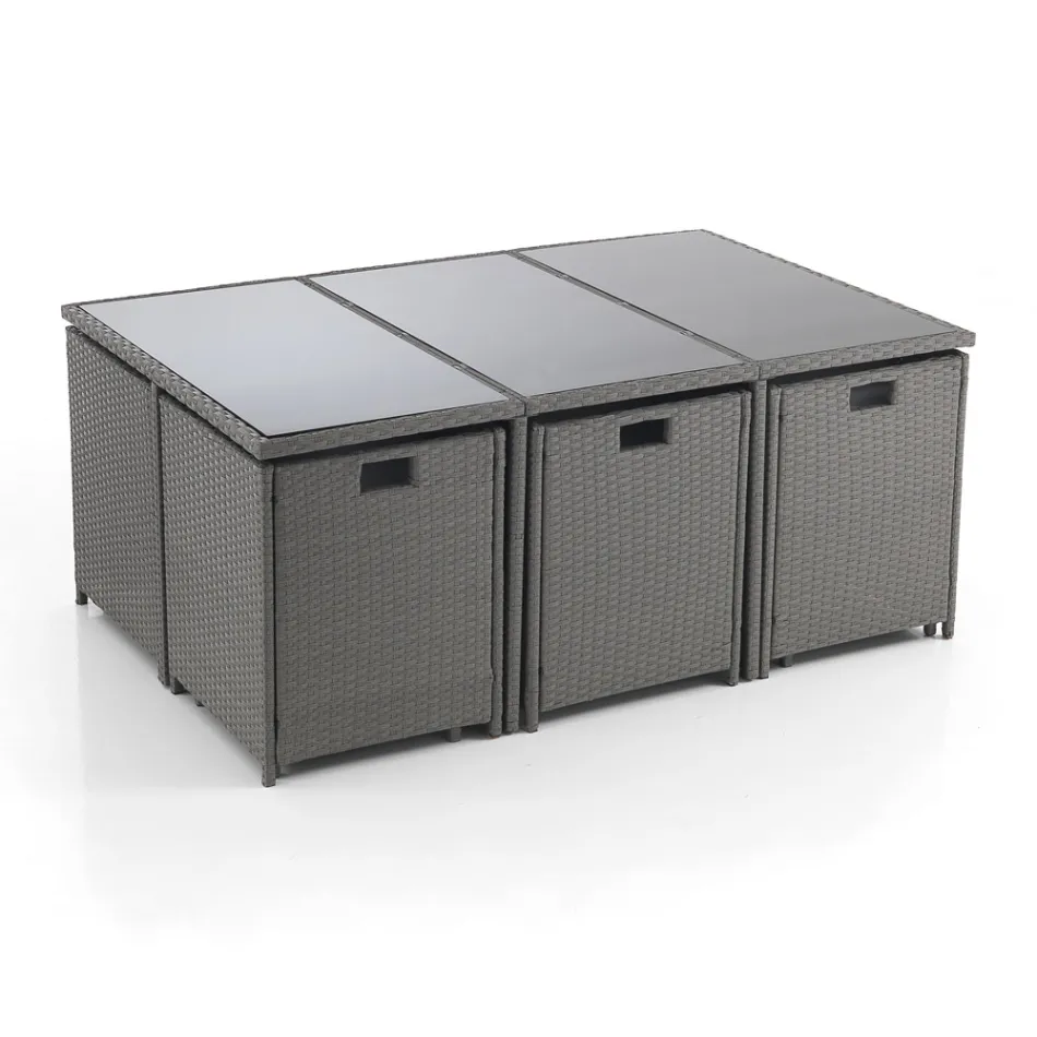 Masa de interior si exterior cu 6 scaune cu spatar rabatabil si 4 puf - Venir Viadurini