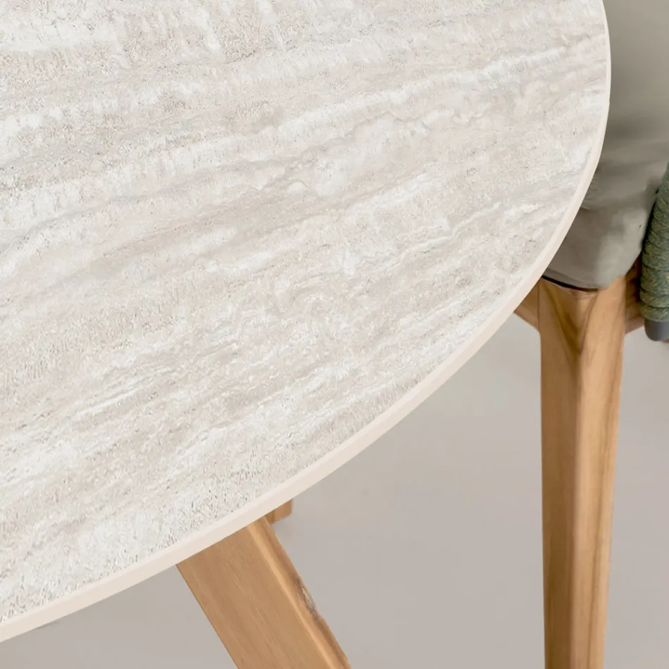 Masa rotunda de exterior din ceramica travertin usoara Made in Italy - Pegaso Viadurini