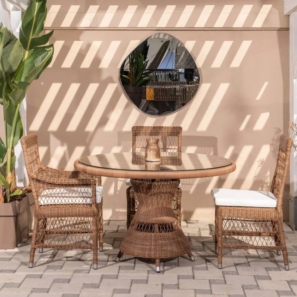 Masa rotunda de exterior din Polyrattan cu blat din sticla - Gigi Viadurini