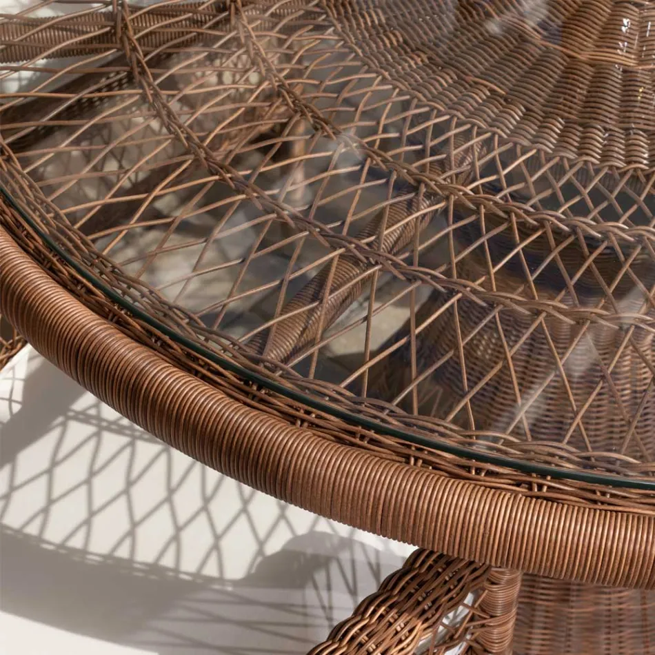 Masa rotunda de exterior din Polyrattan cu blat din sticla - Gigi Viadurini