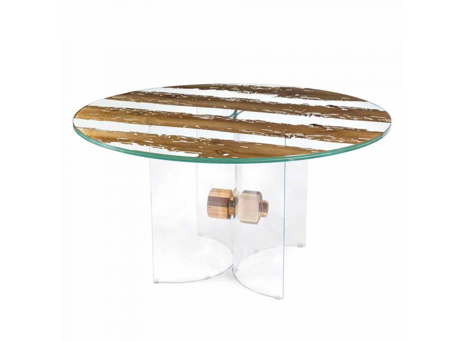 tabel de design rotund din sticlă venețiană și delfin din lemn Viadurini