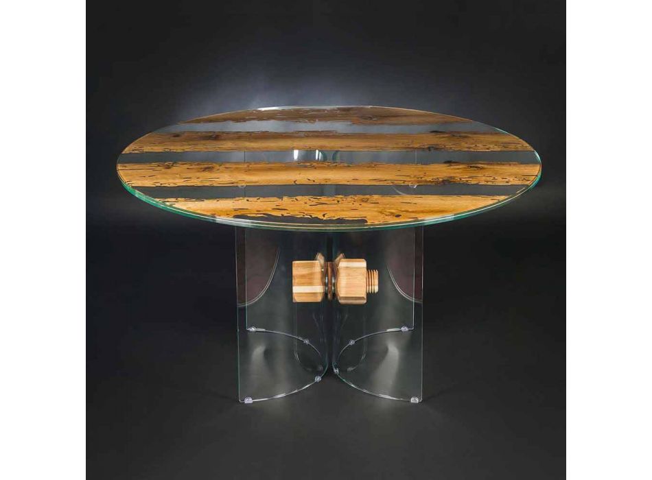 tabel de design rotund din sticlă venețiană și delfin din lemn Viadurini