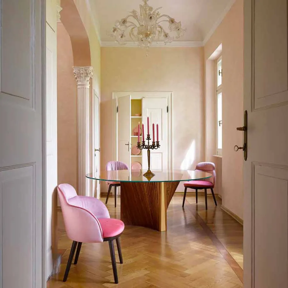 Masă rotundă de design din sticlă și frasin uleiat Made in Italy - Madame Viadurini