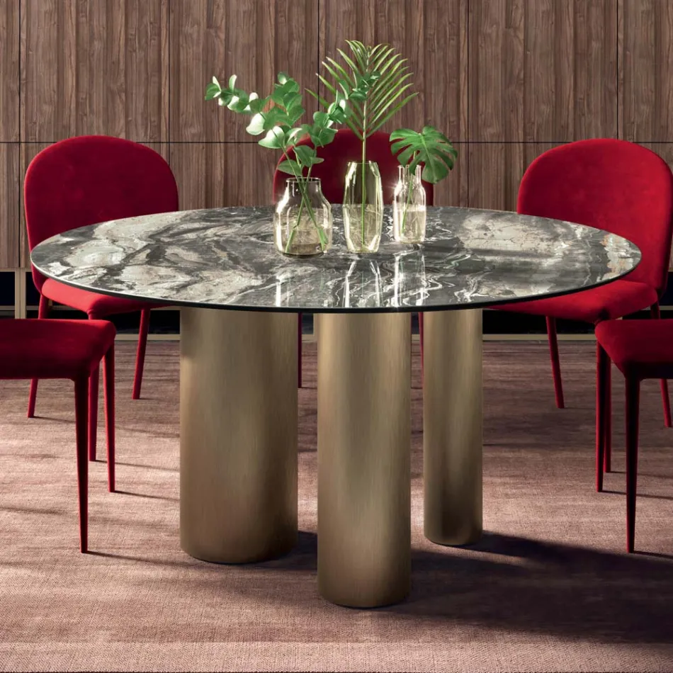 Masa Rotunda Fixa cu Blat Ceramic Made in Italy - Foarfece Viadurini