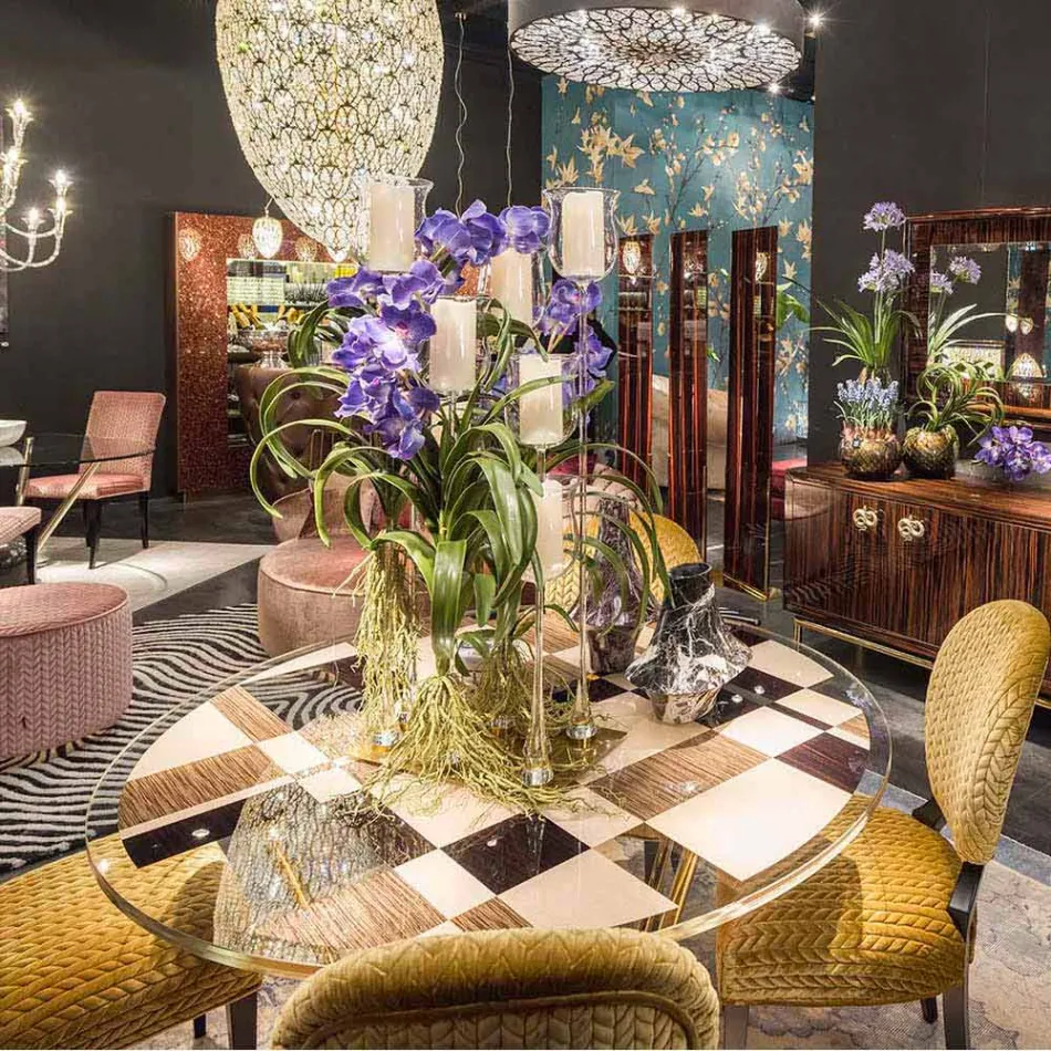 modeno Masa rotunda cu blat de sticla si lemn incrustatii Ozzy Viadurini