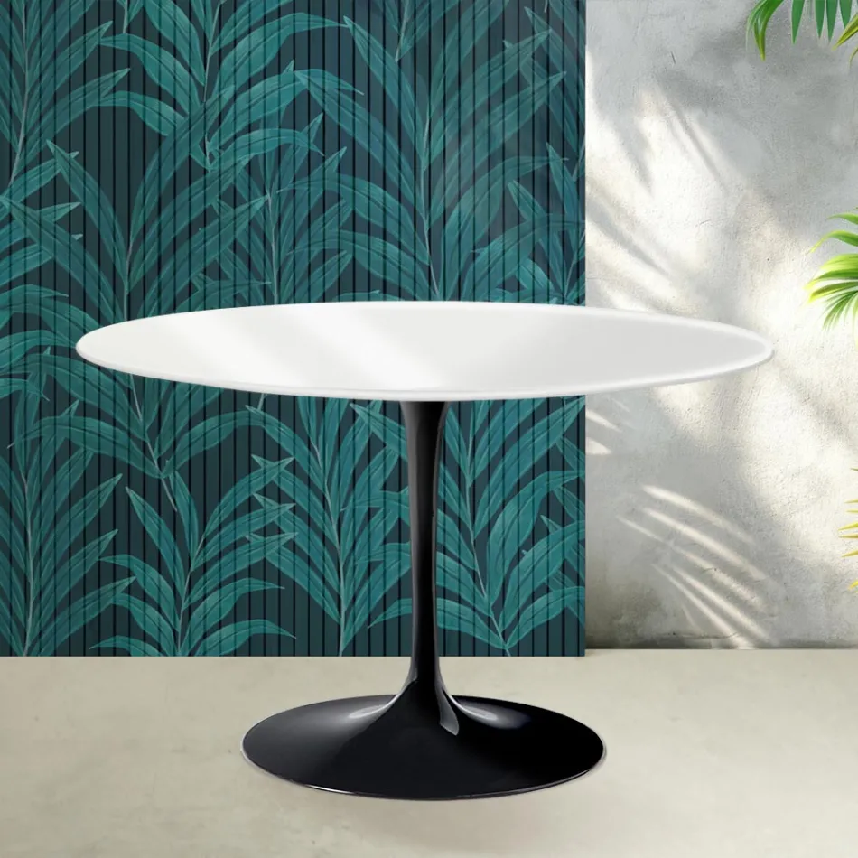 Masă rotundă Saarinen Tulip, H 74 cm, ceramică Florim albă lucioasă - stacojiu Viadurini