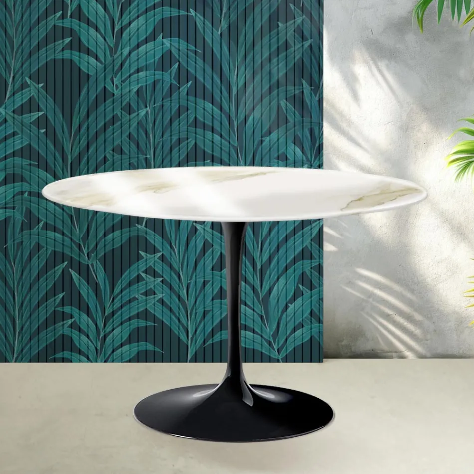 Masă rotundă Saarinen Tulip, H 74 cm, din ceramică Florim Calacatta aurie lucioasă - Scarlet Viadurini