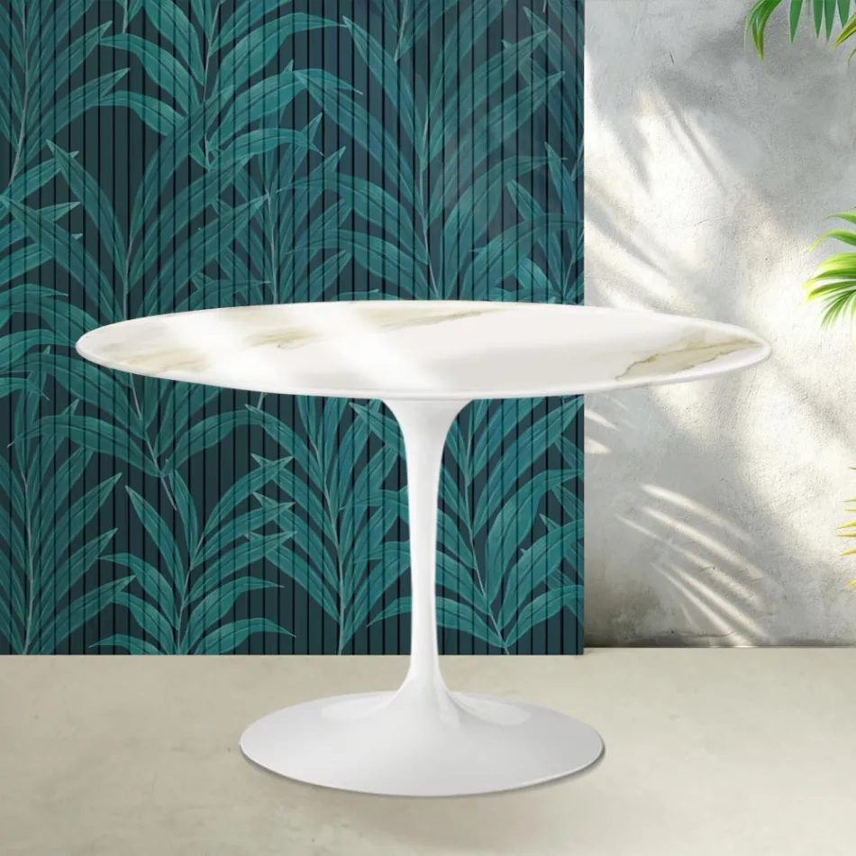 Masă rotundă Saarinen Tulip, H 74 cm, din ceramică Florim Calacatta aurie lucioasă - Scarlet Viadurini