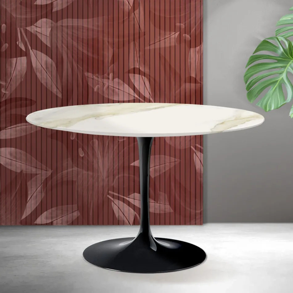 Masă rotundă Saarinen Tulip, H 74 cm, din ceramică Florim Calacatta aurie mată - Scarlet Viadurini