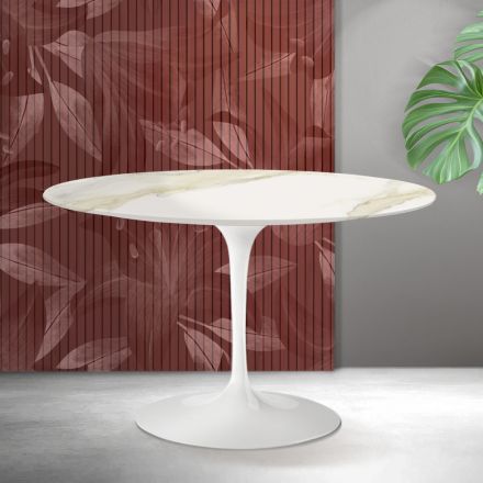 Masă rotundă Saarinen Tulip, H 74 cm, din ceramică Florim Calacatta aurie mată - Scarlet Viadurini