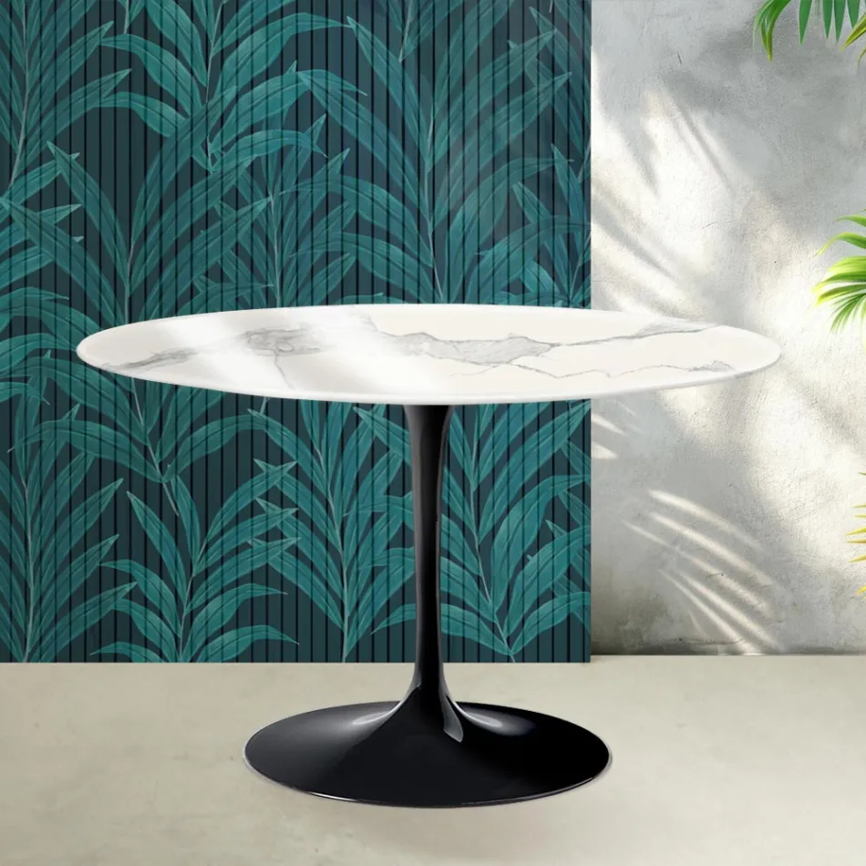 Masă rotundă Saarinen Tulip, înălțime 74 cm, ceramică lucioasă Statuario Florim - stacojiu Viadurini
