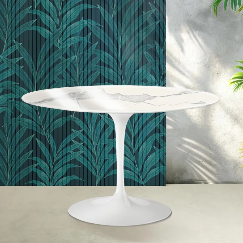 Masă rotundă Saarinen Tulip, 74 cm, în ceramică lucioasă Statuario Florim - Stacojiu Viadurini