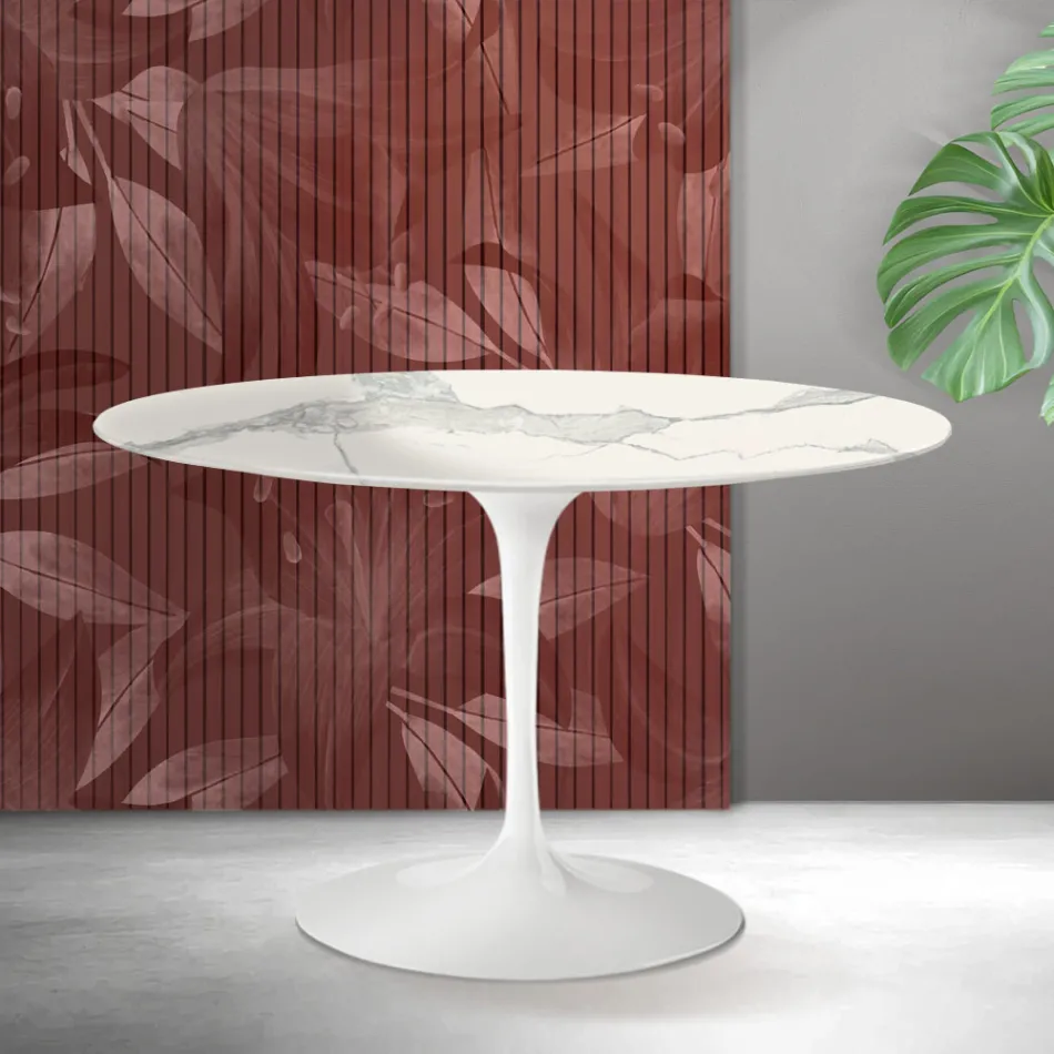 Masă rotundă Saarinen Tulip, H 74 cm, din ceramică mată Florim Statuario - Stacojiu Viadurini