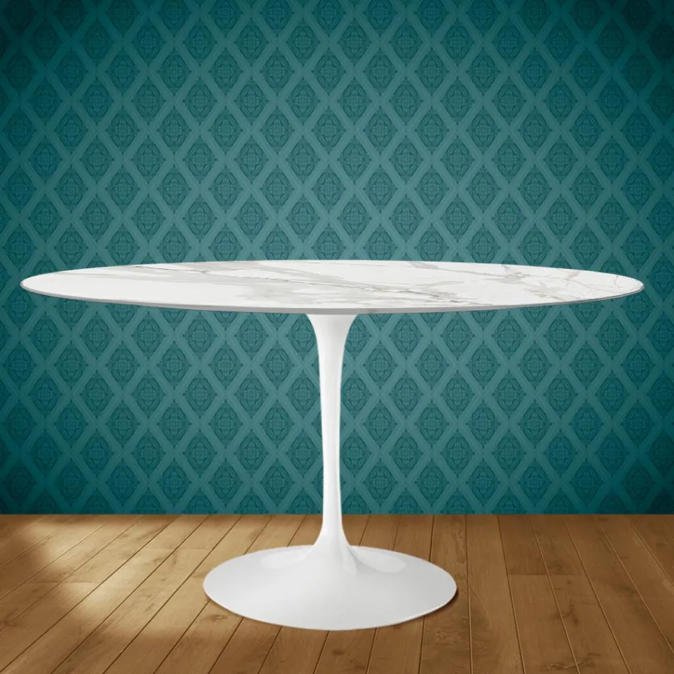 Tulip Table Eero Saarinen H 73 Oval din ceramică Morpheus Made in Italy - Scarlet Viadurini
