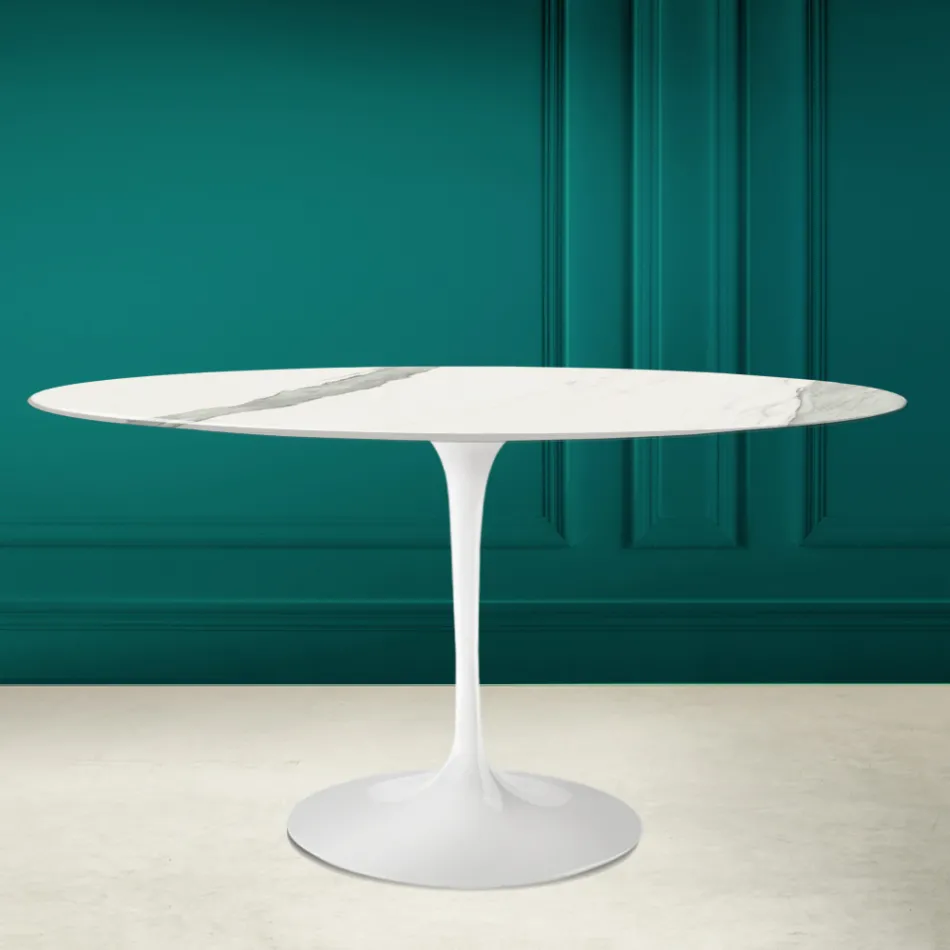 Tulip Table Eero Saarinen H 73 Oval din Statuario Ceramic Full Vein - Scarlet Viadurini