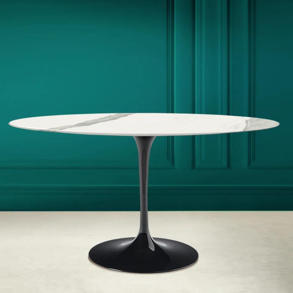 Tulip Table Eero Saarinen H 73 Oval din Statuario Ceramic Full Vein - Scarlet Viadurini