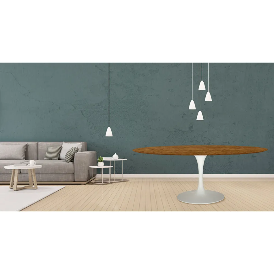 Masă Eero Saarinen Tulip H 73 ovală din stejar colorat cu nuc deschis Made in Italy - Scarlet Viadurini