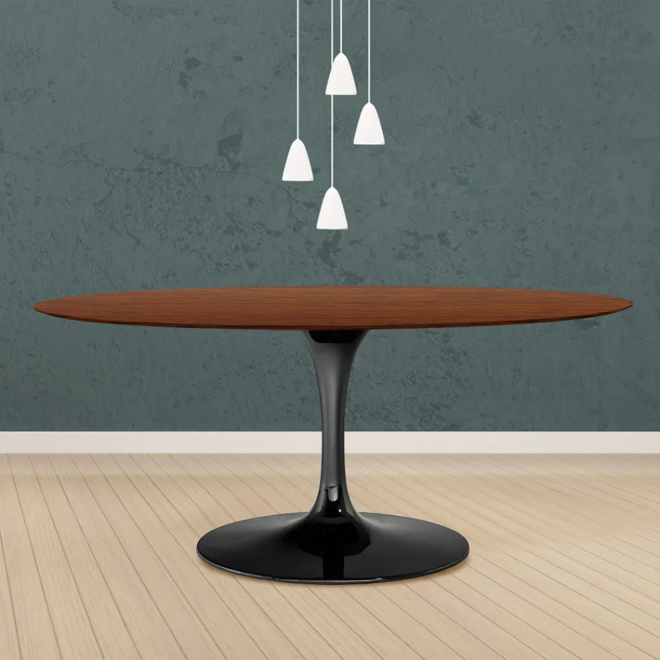 Masă Eero Saarinen Tulip H 73 ovală din stejar colorat cu nuc închis Made in Italy - Scarlet Viadurini