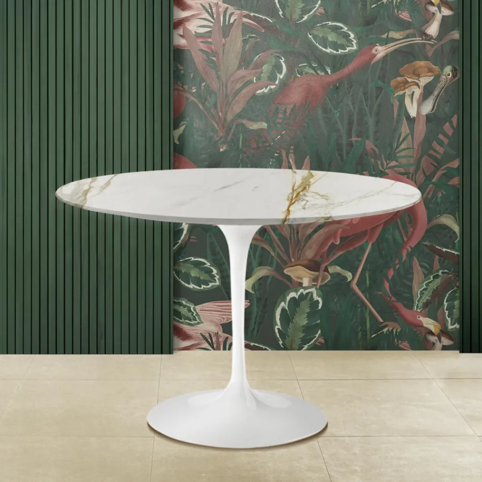 Masă Eero Saarinen Tulip H 73 rotundă din marmură Caracatta aurie Made in Italy - Scarlet Viadurini