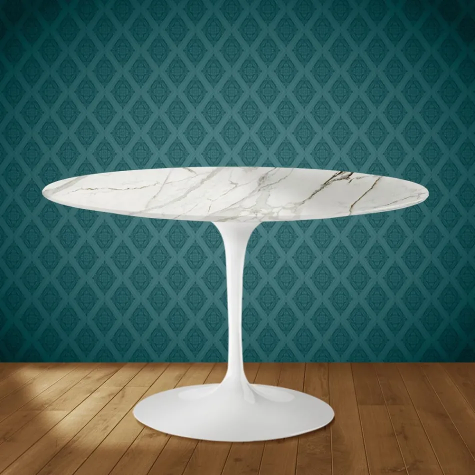 Masă Eero Saarinen Tulip H 74 în ceramică lustruită fabricată în Italia - Stacojiu Viadurini