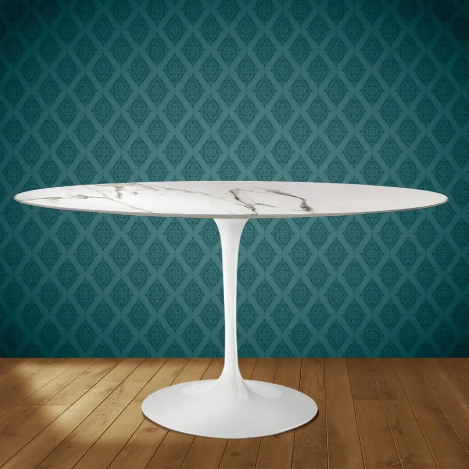 Masă Eero Saarinen Tulip H 74 Ovală din Ceramică Aura 22 Fabricată în Italia - Stacojiu Viadurini