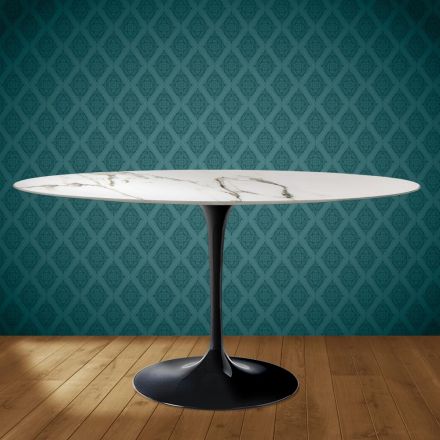 Masă Eero Saarinen Tulip H 74 Ovală din Ceramică Aura 22 Fabricată în Italia - Stacojiu Viadurini