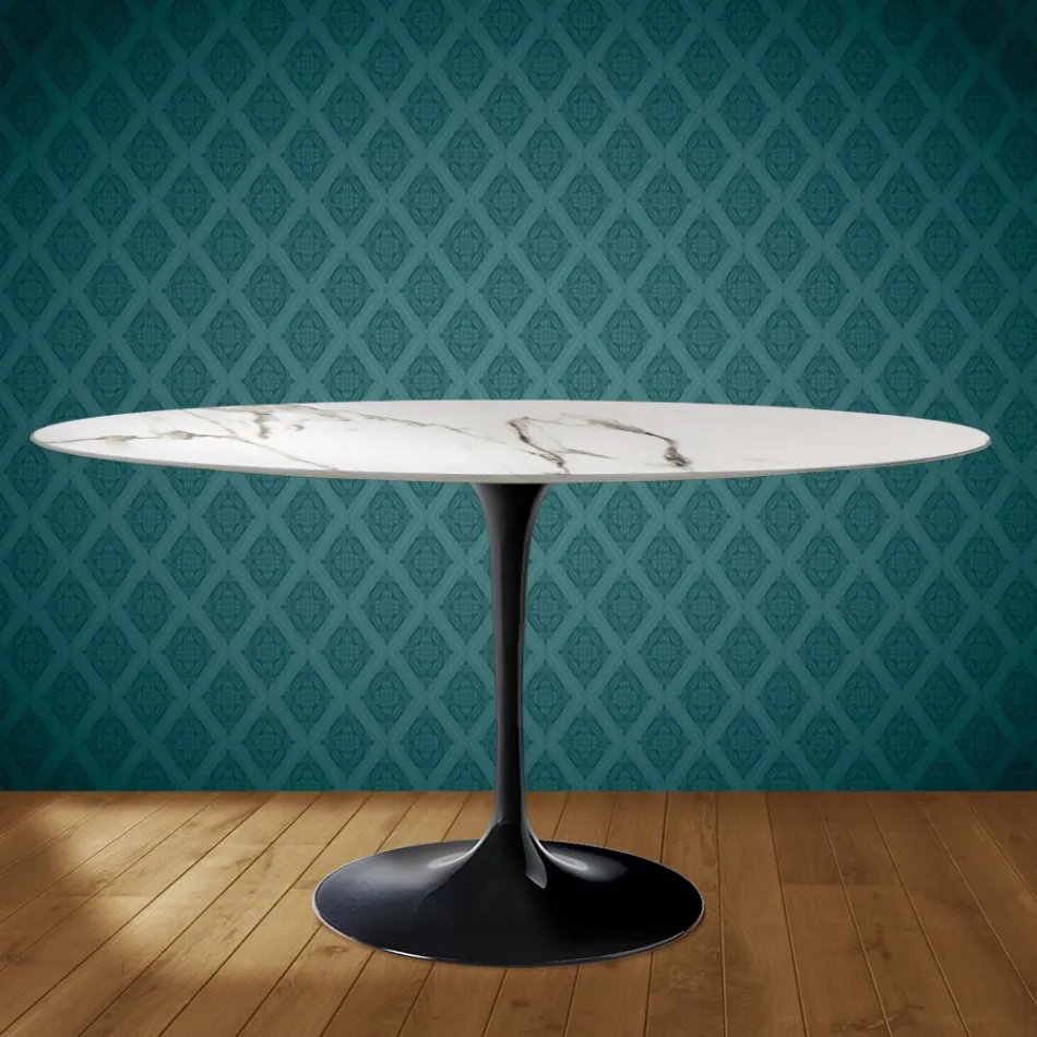 Masă Eero Saarinen Tulip H 74 Ovală din Ceramică Aura 22 Fabricată în Italia - Stacojiu Viadurini