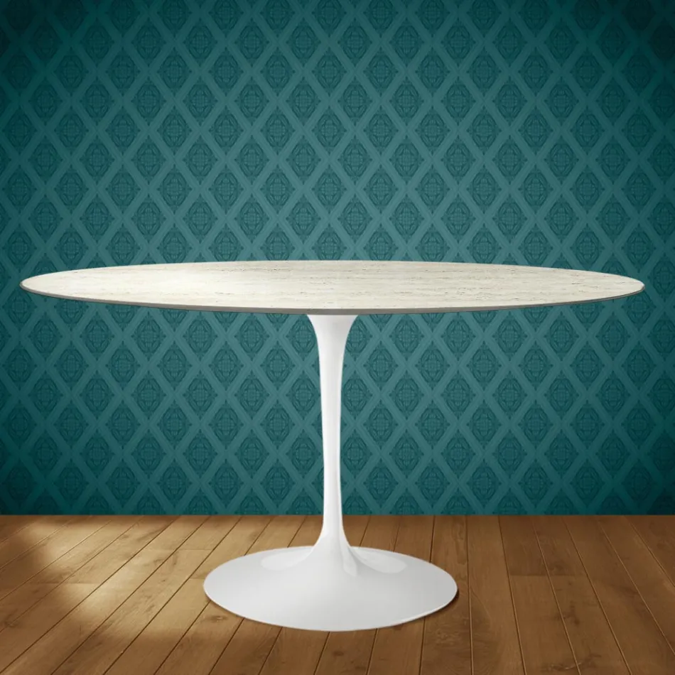 Masă Eero Saarinen Tulip H 74 Ovală din Ceramică Marmorio Fabricată în Italia - Stacojiu Viadurini