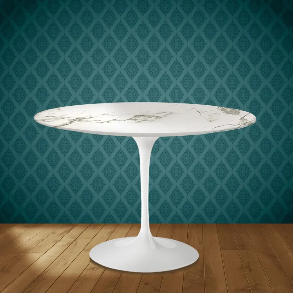Masă Eero Saarinen Tulip H 74 rotundă din ceramică Aura 22 fabricată în Italia - Scarlet Viadurini