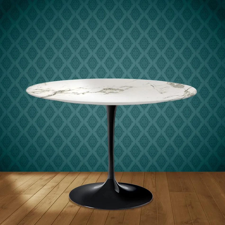 Masă Eero Saarinen Tulip H 74 rotundă din ceramică Aura 22 fabricată în Italia - Scarlet Viadurini