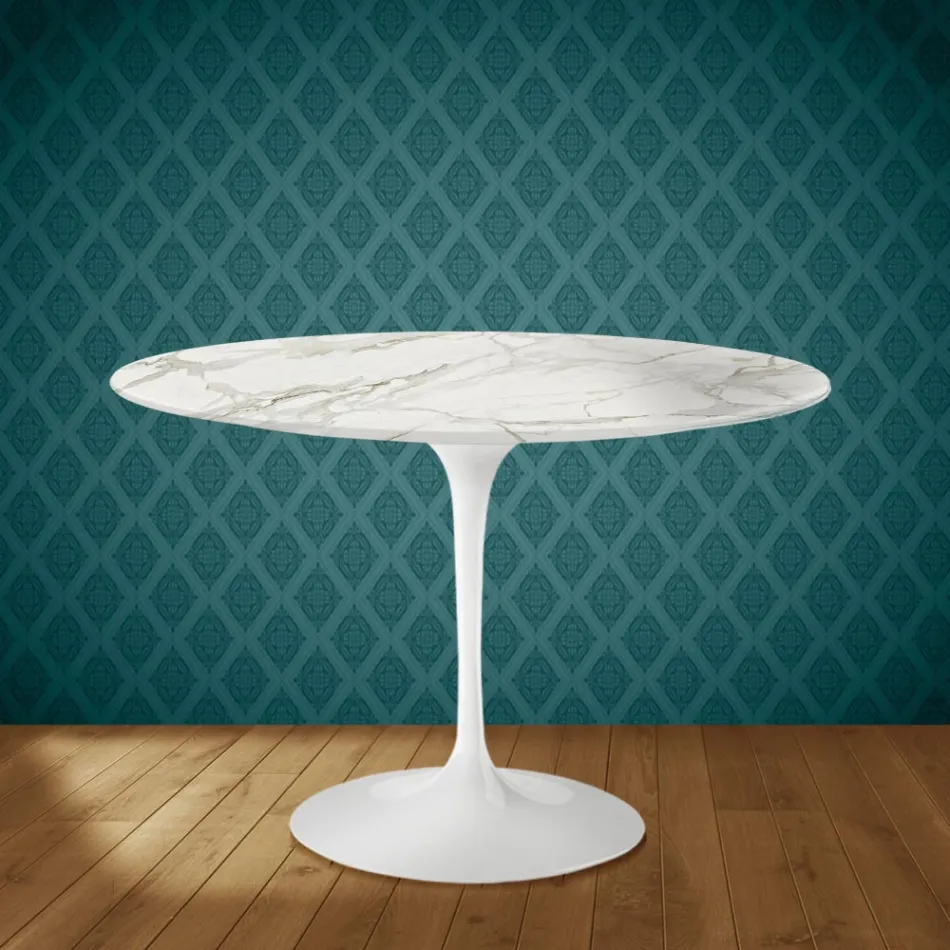 Masă Eero Saarinen Tulip H 74 rotundă din ceramică lucioasă fabricată în Italia - Stacojiu Viadurini