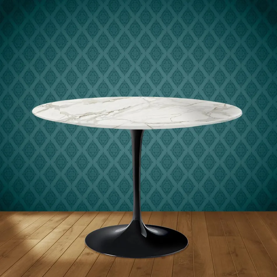 Masă Eero Saarinen Tulip H 74 rotundă din ceramică lucioasă fabricată în Italia - Stacojiu Viadurini