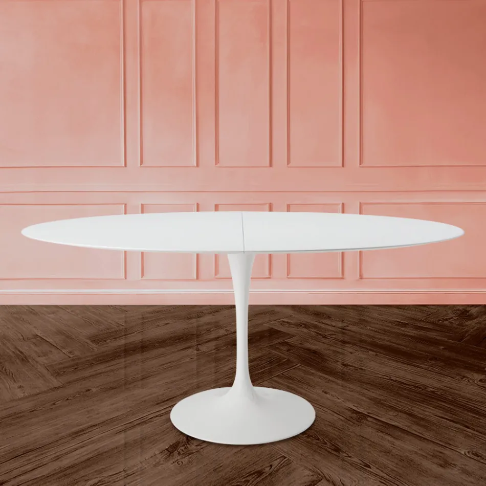 Tulip Table Eero Sarinen H 73 Oval extensibil în laminat lichid alb - Scarlet Viadurini