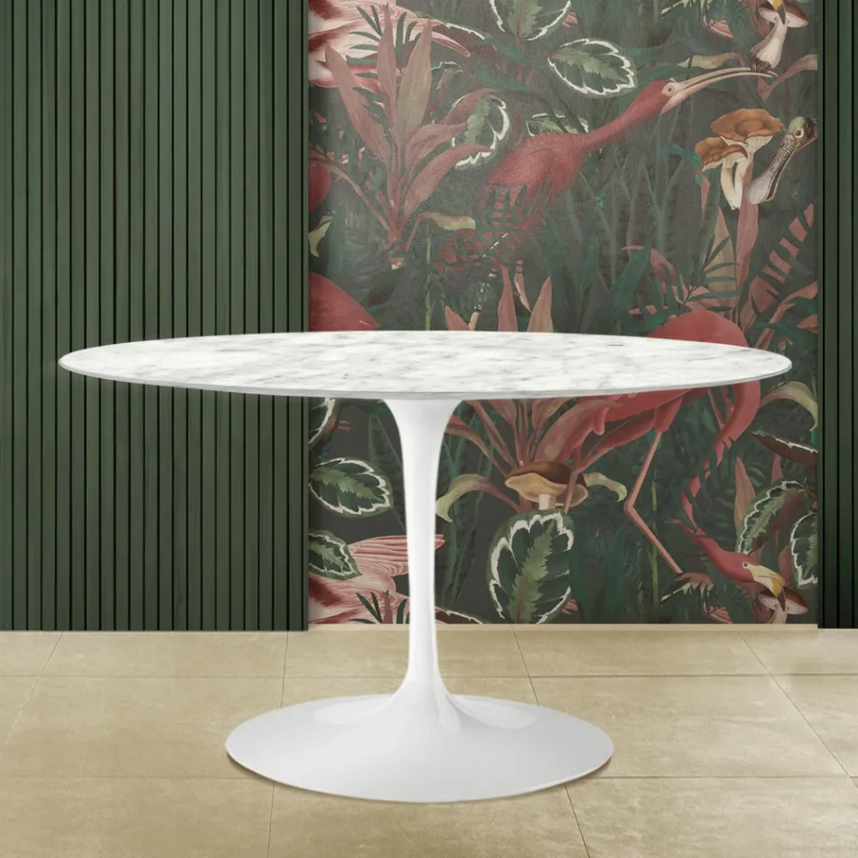 Masă Tulip Saarinen H 73 cu blat oval din marmură Carrara Made in Italy - Scarlet Viadurini