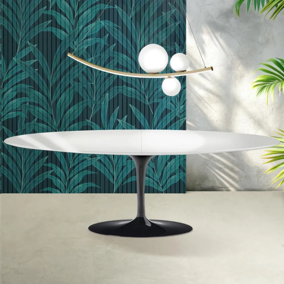 Masă Saarinen Tulip extensibilă, 74 cm, ceramică Florim, alb lucios - stacojiu Viadurini