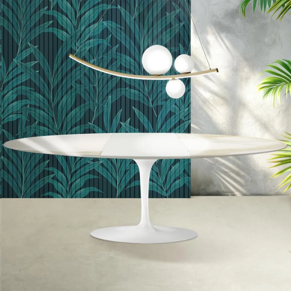 Masă extensibilă Saarinen Tulip H 74 cm din ceramică Florim Calacatta aurie lucioasă - Scarlet Viadurini