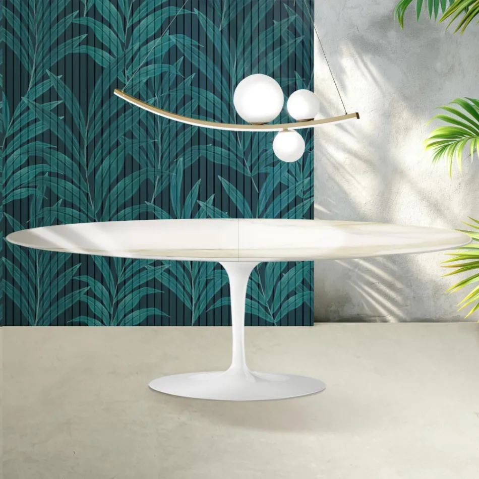 Masă extensibilă Saarinen Tulip H 74 cm din ceramică Florim Calacatta aurie lucioasă - Scarlet Viadurini
